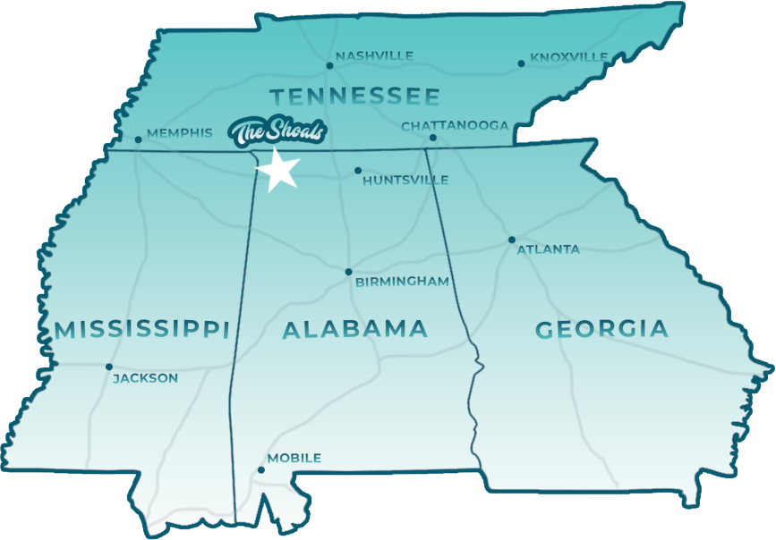 The Shoals is centrally located between Nashville, Memphis, Birmingham and Atlanta.